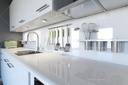 تصویر با کیفیت آشپز خانه سفید و ست استیل کفگیر ملاقه